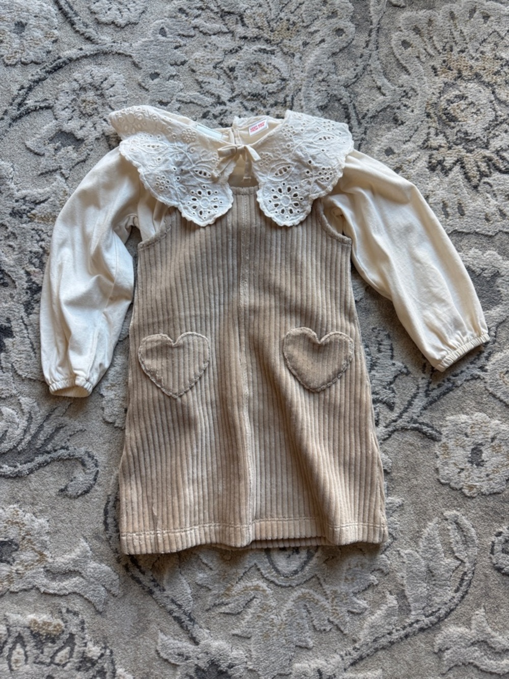 Zara Beige Corduroy Dress with White Lace Collar shirt
